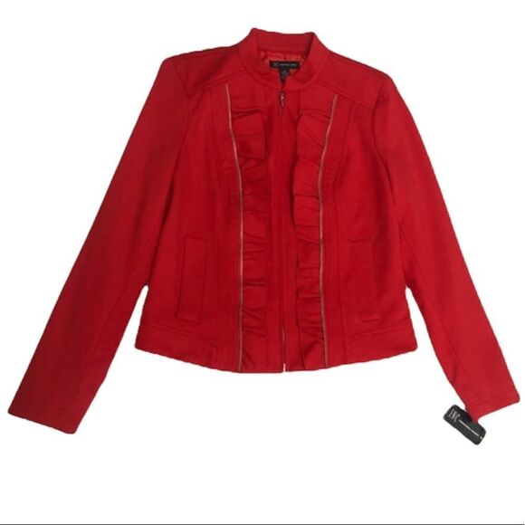 NEW INC Internacional Blazer Ruffles Detailed Red Sz M Women Zip Jacket - Picture 1 of 13